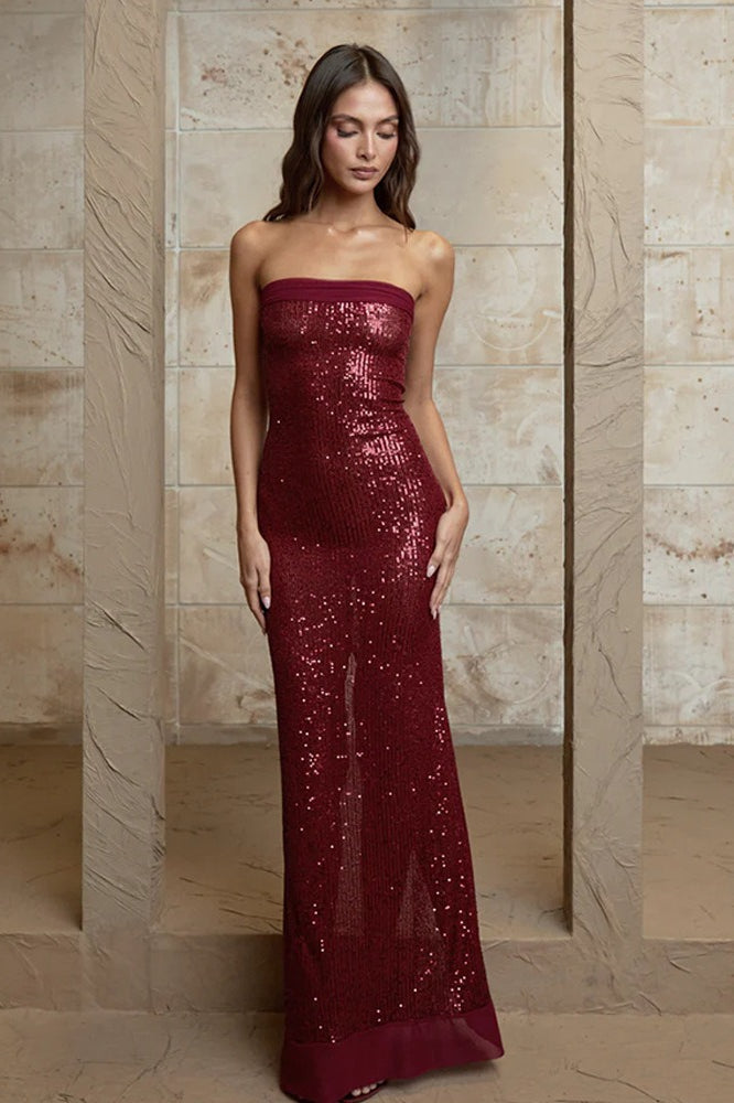 Elegant Bandeau Slim Split Backless Maxi Sequin Dress