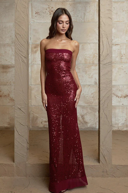 Elegant Bandeau Slim Split Backless Maxi Sequin Dress