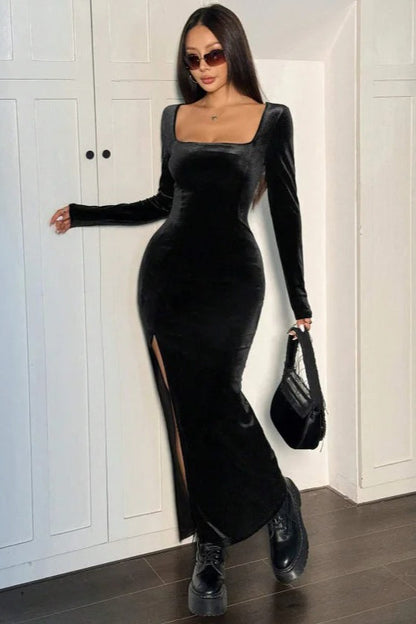 High Waist Split Velvet Maxi Dress