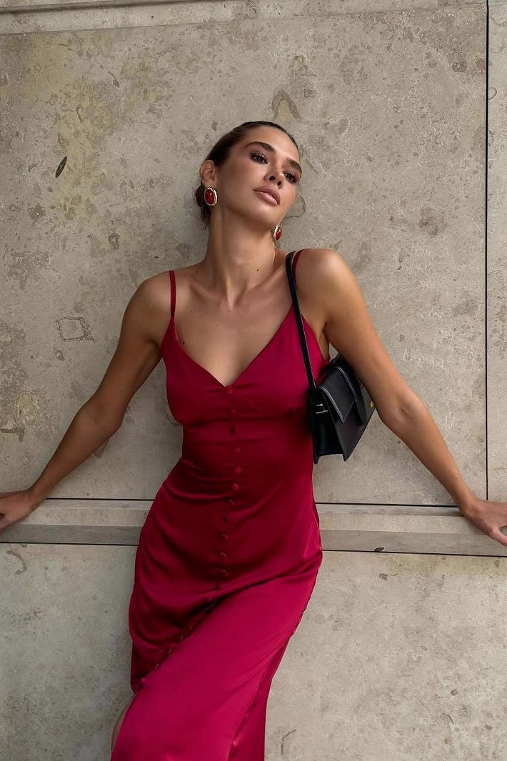 Sexy Solid Lace-Trim Cami Maxi Silk Dress