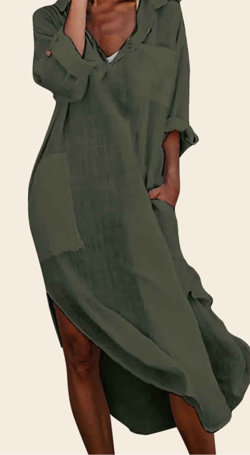 Linen Cotton Vintage Shirt Midi Dress