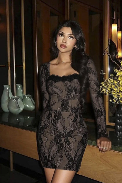 Square Neck Long Sleeve Bodycon Lace Dress