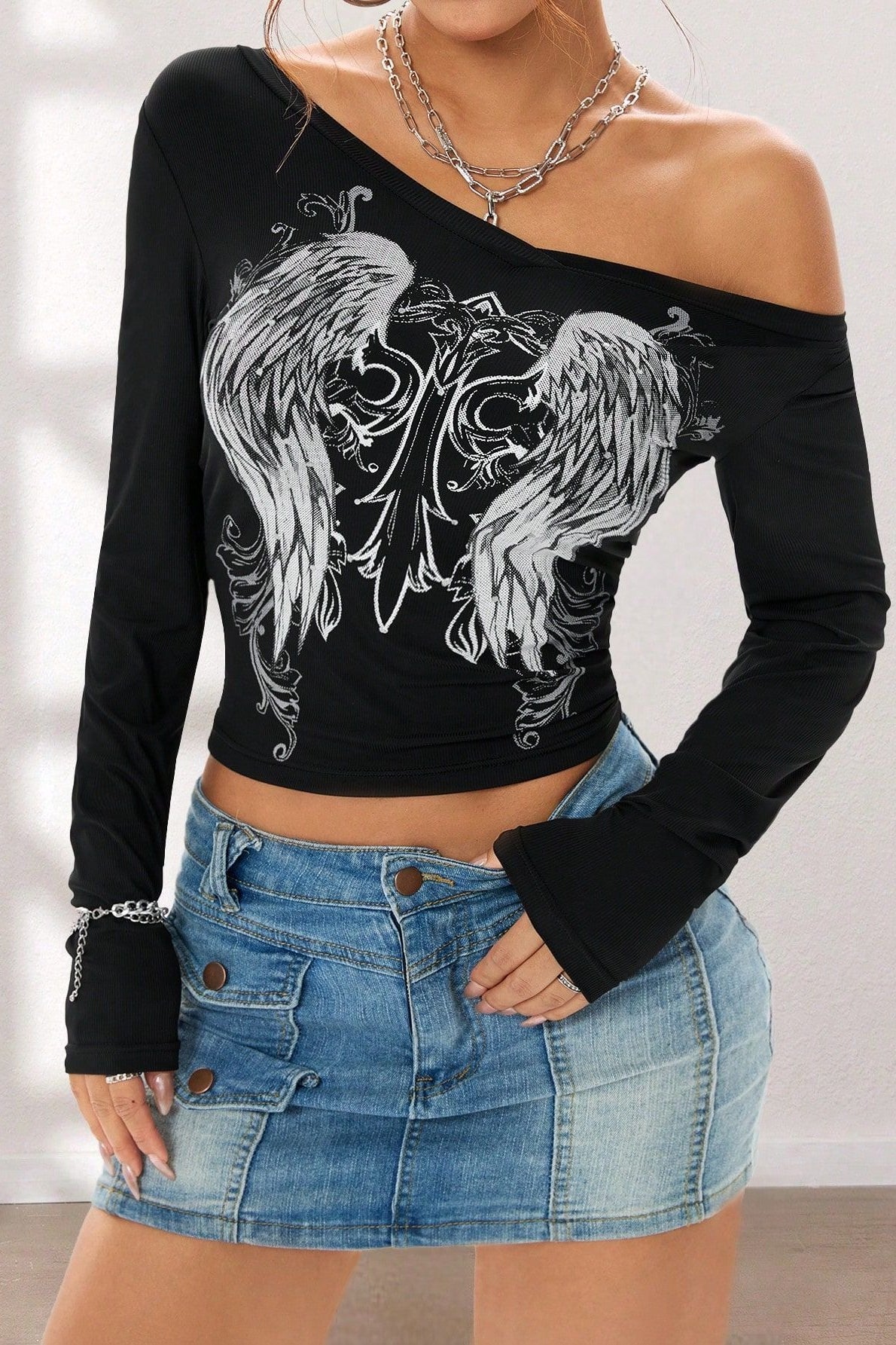 Y2K Gothic Wing V-Neck Long Sleeve T-Shirt