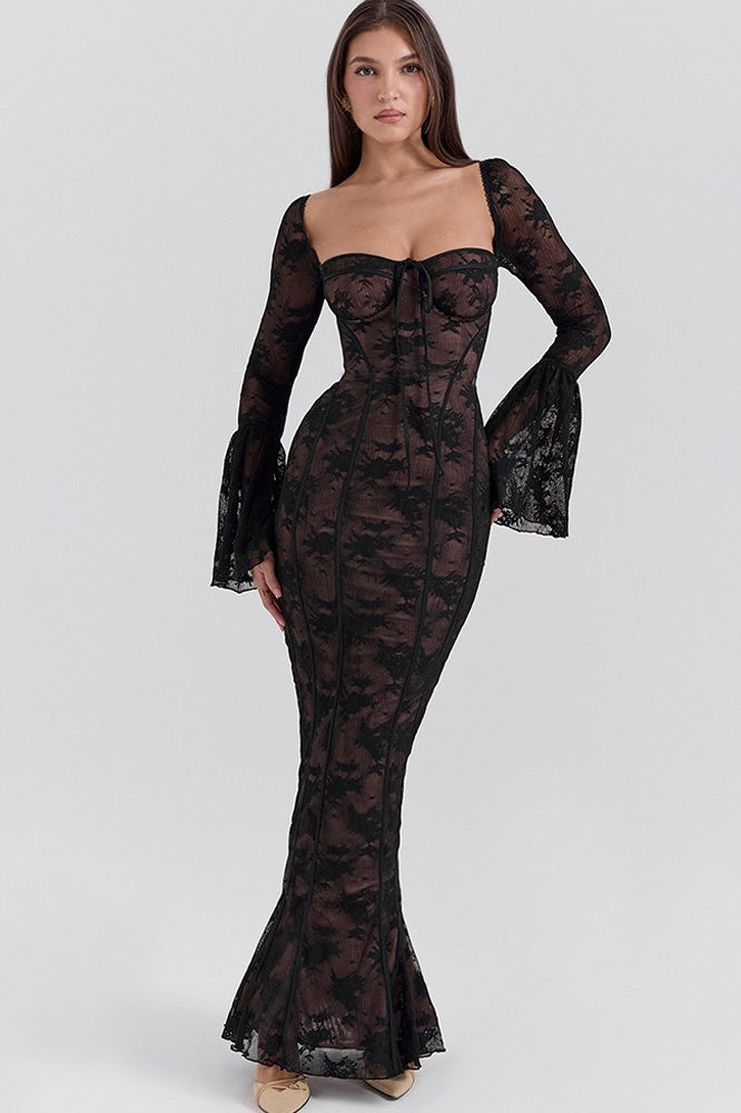 Bodycon Lace Flare Sleeve Maxi Dress