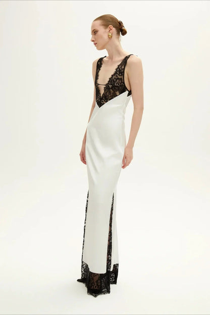 Elegant Deep V Lace Patchwork Lace Dress