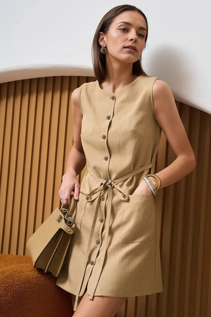 Sleeveless Button Front Tie Work Dress