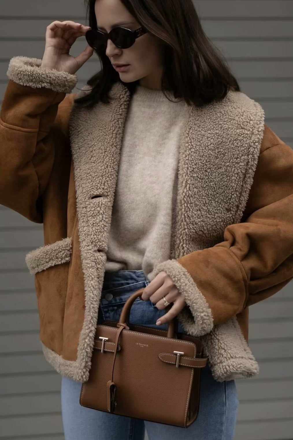 Lapel Faux Suede Shearling Coat