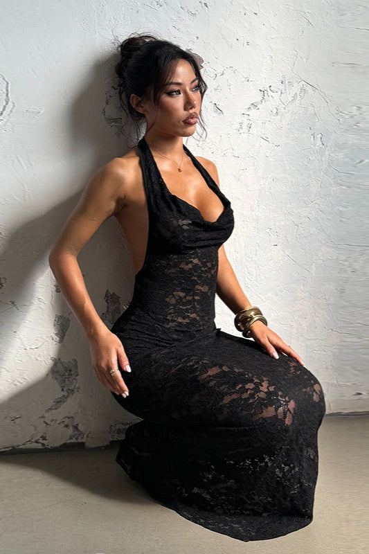 Sexy Sheer Halter Backless Lace Dress