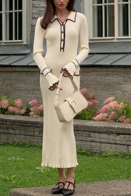 Chic Ruffled Collar Slim-Fit Knit Midi Sweater Dress