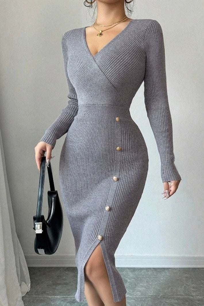 Knitted V-Neck Long-Sleeve Buttoned Sweater Dress