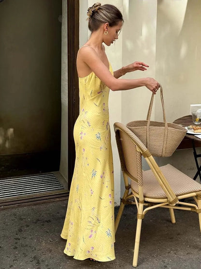 Yellow Print Open Back Spaghetti Summer Dress
