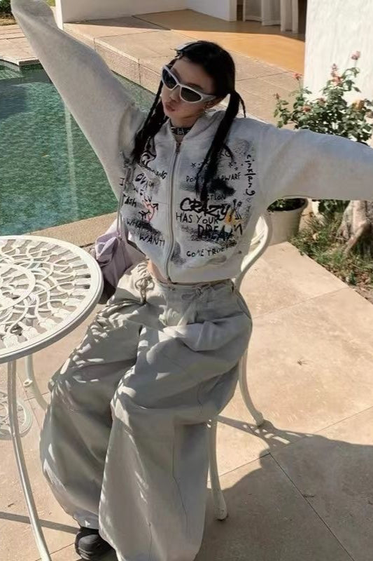 Gray Graffiti Hooded Zip-Up Cropped Hoodie