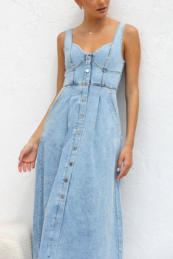 High Waist A-Line Denim Dress