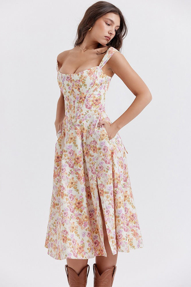 Floral Boned Spaghetti Strap Party Dress