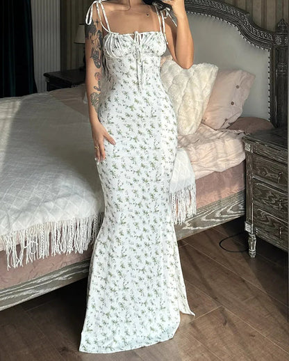 Sleeveless Lace Up Backless Floral Dress