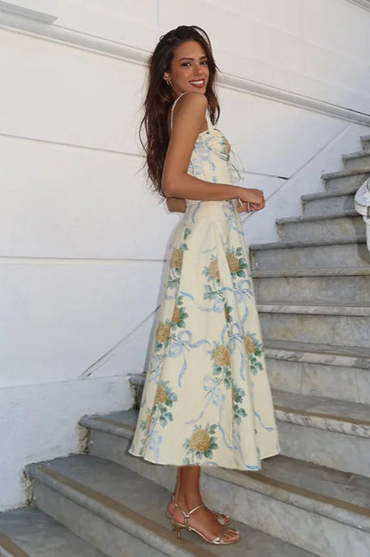 Spaghetti Strap Print Pleated Floral Dress