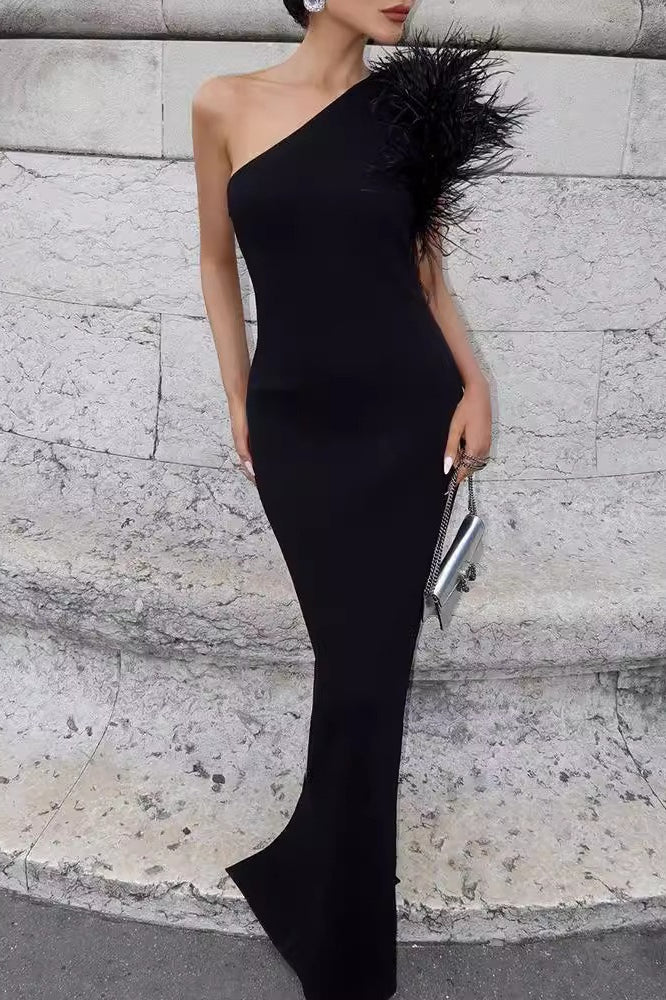 One-Shoulder Feather Trim Party Dress