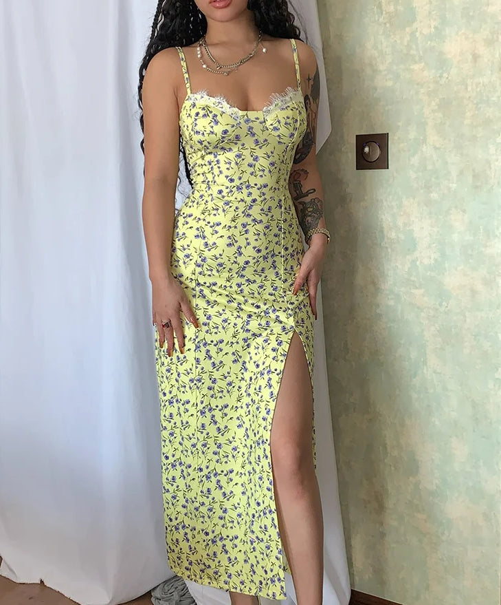 Slit Sleeveless Bodycon Floral Dress