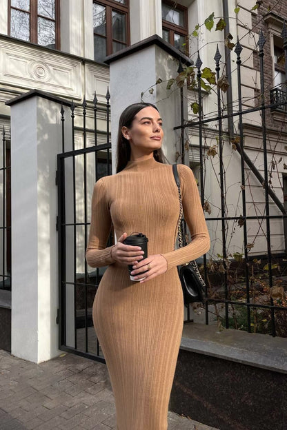 Turtleneck Striped Knit Slim-Fit Long Sleeve Sweater Dress