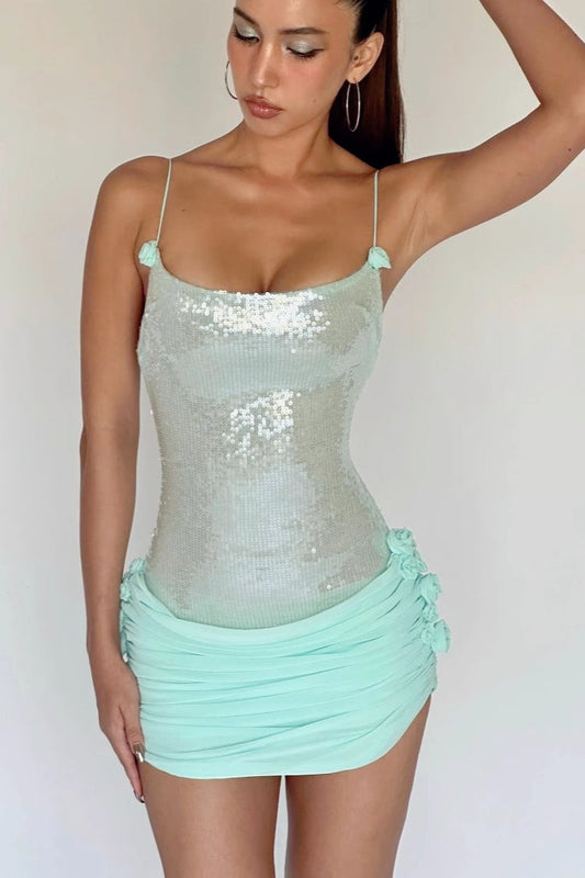 Sequin Sheer Floral Slip Dress