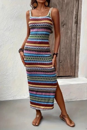 Casual Striped Sleeveless Square-Neck Sweater Dress