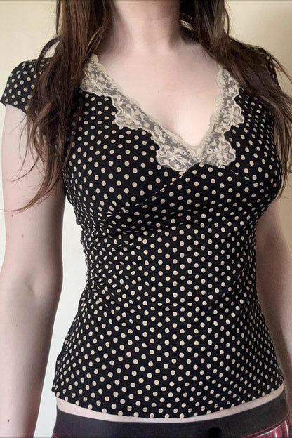 Sweet Polka Dot Lace V-Neck Crop Top