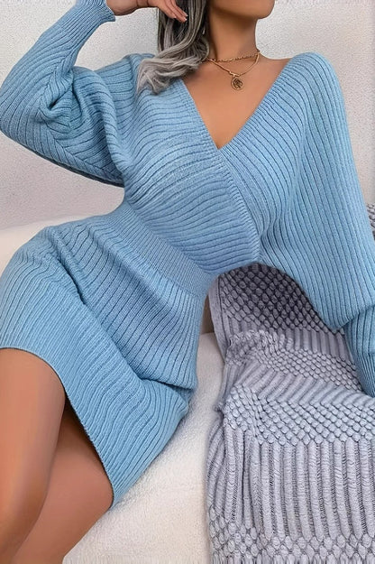 Elegant Cross V Neck Batwing Sleeve Bodycon Sweater Dress