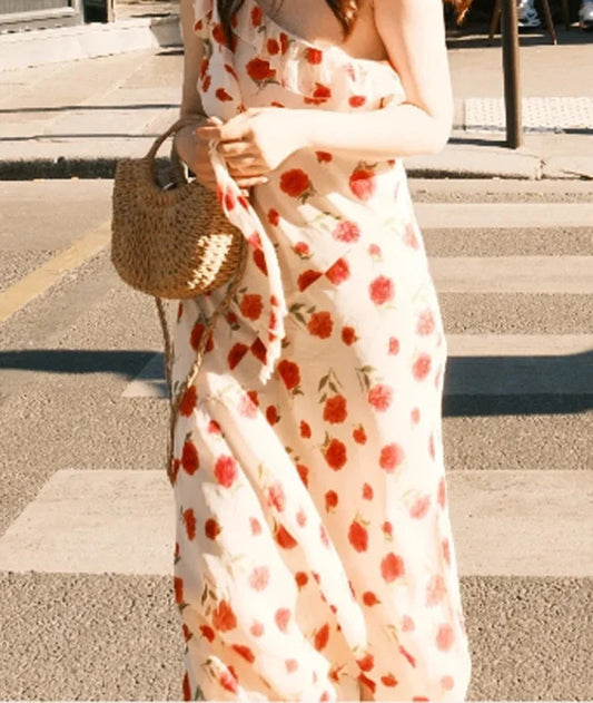 Zipper Ribbon Rose Print Floral Dress