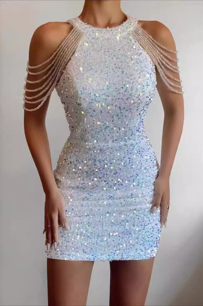 Sexy Crystal Fringe Halter Sequin Bodycon Cocktail Dress