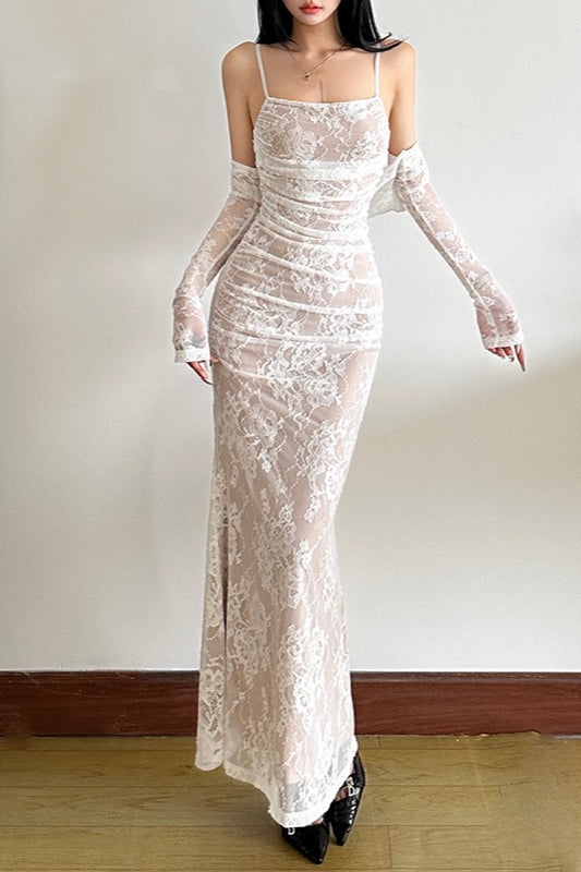 Fish Tail Square Neck Lace Dress