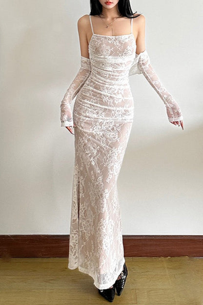 Fish Tail Square Neck Lace Dress