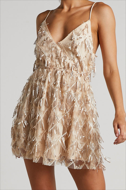 Elegant V Neck Sequin Spaghetti Strap Mini Formal Sequin Dress