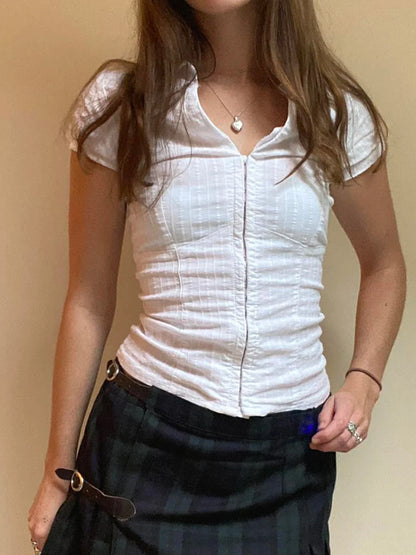 White Zipper Short Sleeve Slim Blouse