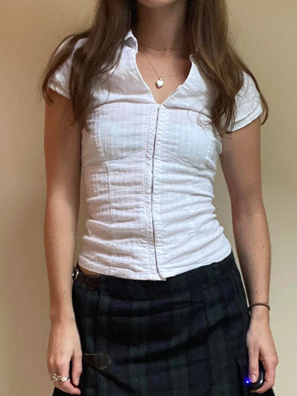 White Zipper Short Sleeve Slim Blouse