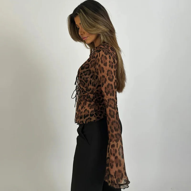 Leopard Mesh Chiffon Lace Sheer Top