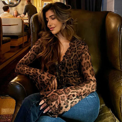 Leopard Mesh Chiffon Lace Sheer Top