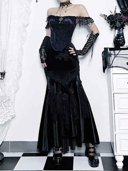 Vintage Elegant Trumpet Women Mall Goth Florals Patchwork High Waist Aesthetic Fairycore Skirt