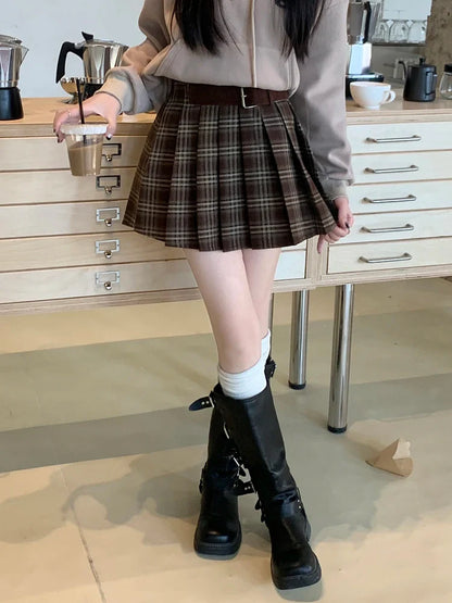 Retro Plaid Coffee Color A-line Pleated Short College Skirt