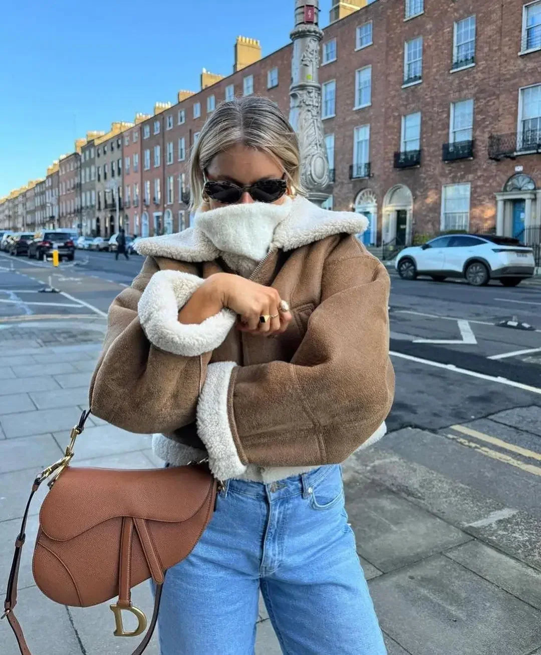 Autumn Winter Vintage Faux Cropped Thick Warm Lapel Fleece Long Coat