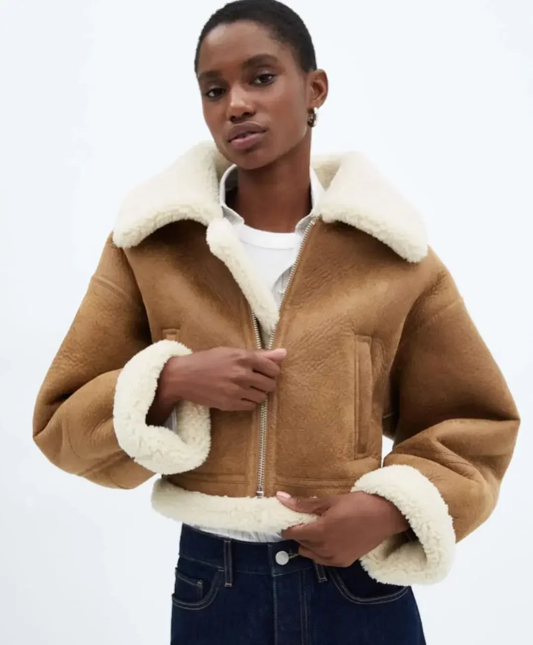 Autumn Winter Vintage Faux Cropped Thick Warm Lapel Fleece Long Coat