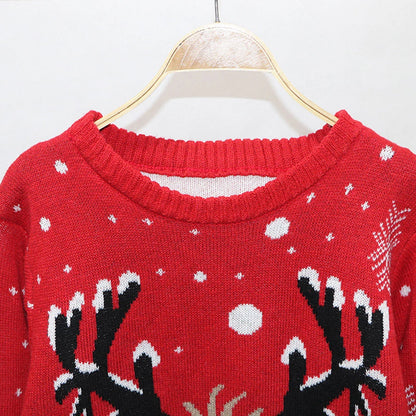 Christmas Sweater with Cartoon Reindeer Print and Fur Collar