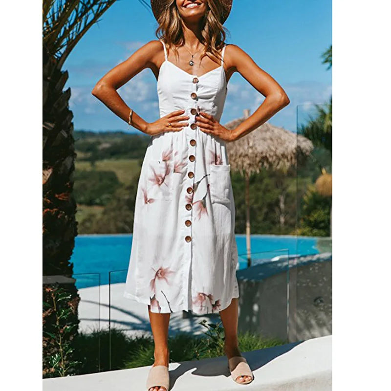 Printed Sling V-Neck Summer Midi Dress