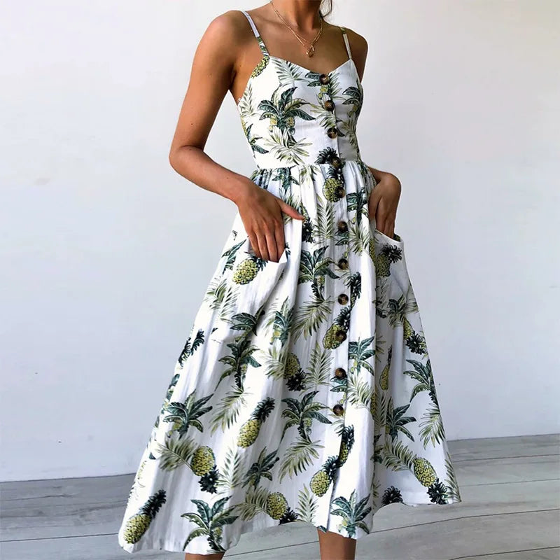 Printed Sling V-Neck Summer Midi Dress