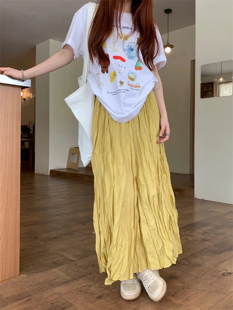 DressBetty - Vintage Solid Elastic Pleated A-Line Skirt