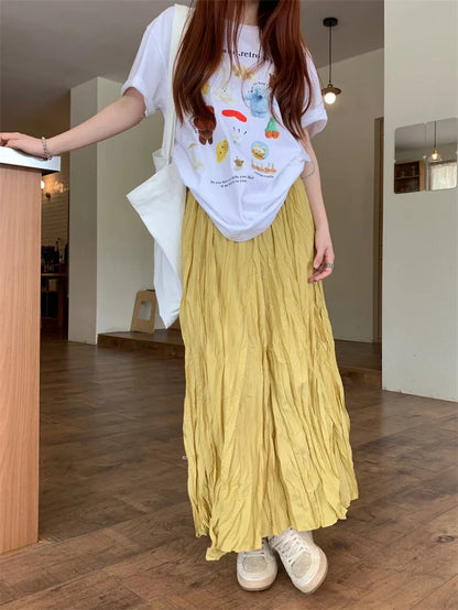 DressBetty - Vintage Solid Elastic Pleated A-Line Skirt