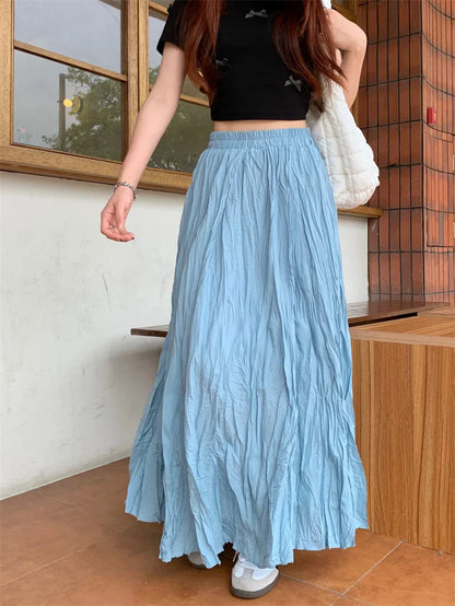 DressBetty - Vintage Solid Elastic Pleated A-Line Skirt