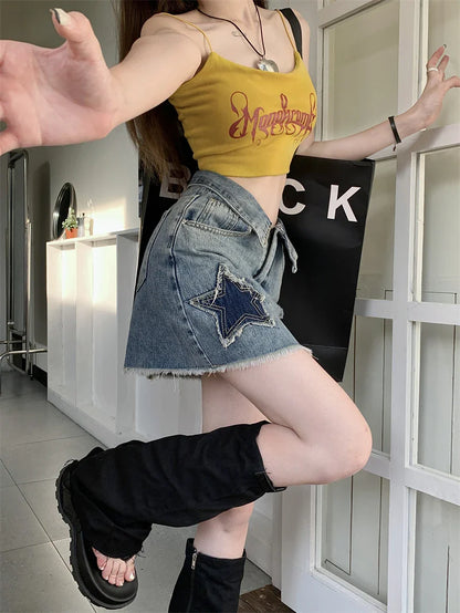 DressBetty - Y2k Star Patch Raw Hem Cuffs A-line Short Skirt