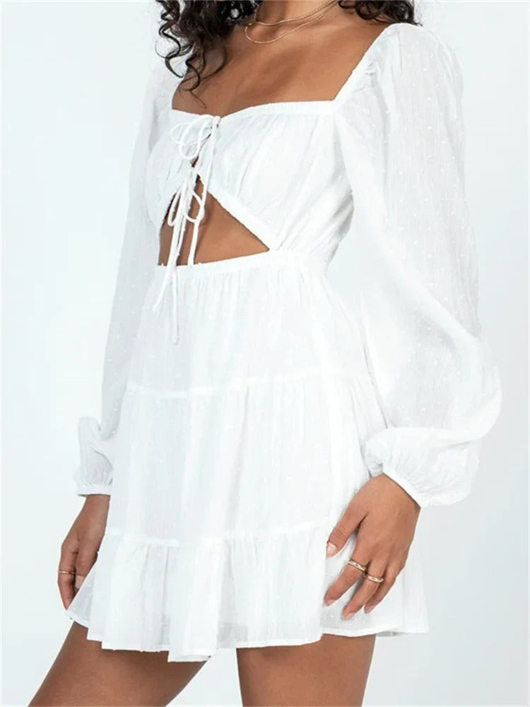 Spring Autumn Lace-Up Long Sleeve Mini Dresses