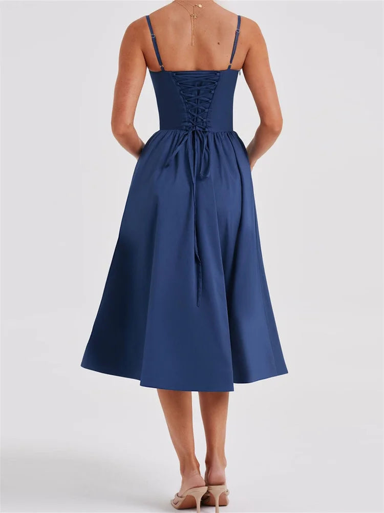Elegant Solid Color Sleeveless Strap Low Cut Backless Formal Midi Dress