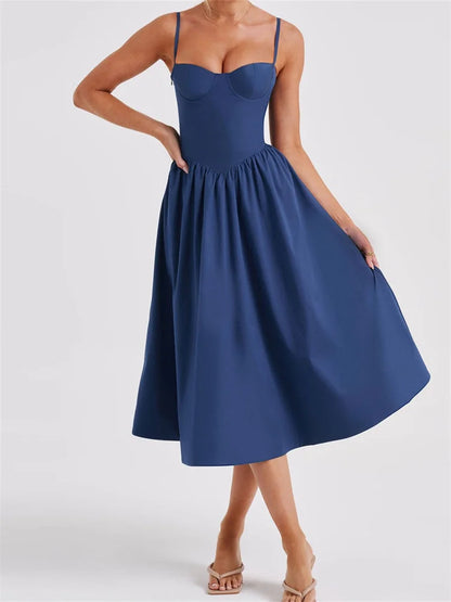 Elegant Solid Color Sleeveless Strap Low Cut Backless Formal Midi Dress